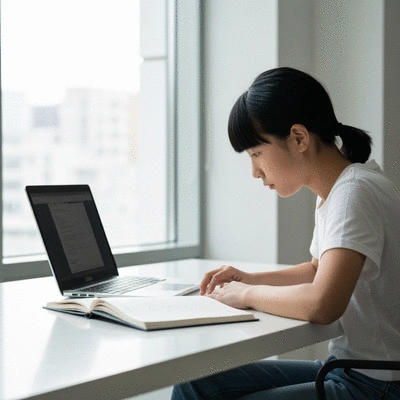 Person learning at a desk with a laptop and notebook