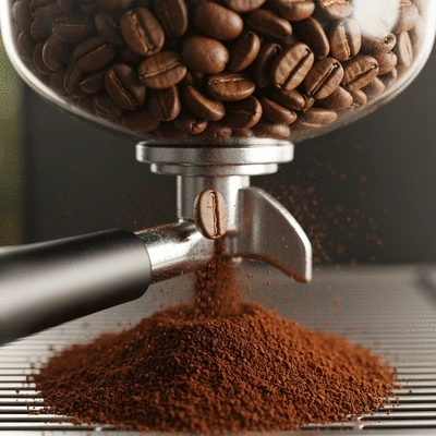 Close-up view of fresh coffee beans being ground in an espresso machine's integrated grinder