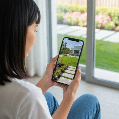 A person checking their smartphone with a live feed from a home security camera, showing a clear, bright image of their backyard
