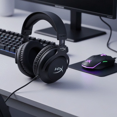 HyperX Cloud III Wireless Gaming Headset resting on a clean, modern desk setup with a gaming keyboard and mouse, sleek, no text, no words, no typography, clean image