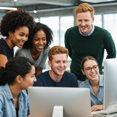 Diverse group of people collaborating on a digital learning platform on various devices