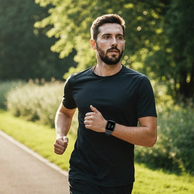 Person running outdoors wearing a smartwatch, tracking their activity