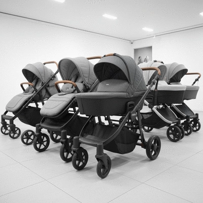 Modern baby strollers lined up for comparison