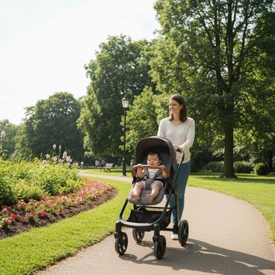 Parent pushing a modern baby stroller in a park