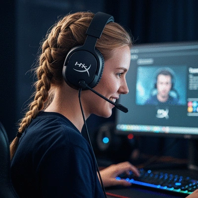 Gamer wearing HyperX Cloud III Wireless Gaming Headset, focused on screen, clear communication, immersive experience, lifestyle, no text, no words, no typography, clean image