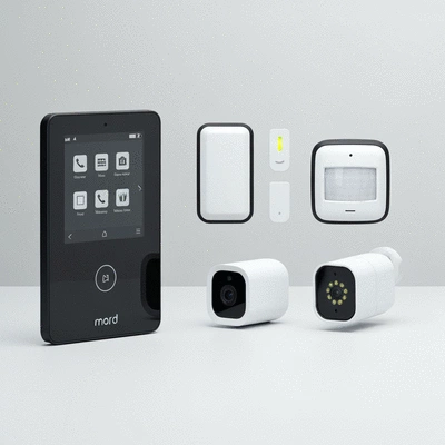 Various components of a home security system laid out on a table
