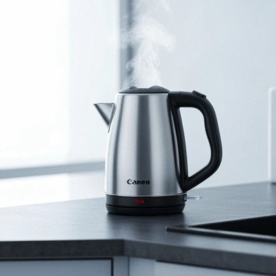 Modern electric kettle boiling water on a kitchen counter