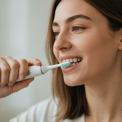 Person using an electric toothbrush, showing proper brushing technique with a focus on clean teeth