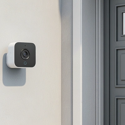 Modern home security camera with smart features, mounted on a wall, showing a clear view of a home entrance