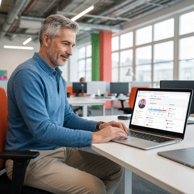 Person interacting with ActiveCampaign's CRM interface on a laptop, showing contact details and deal stages