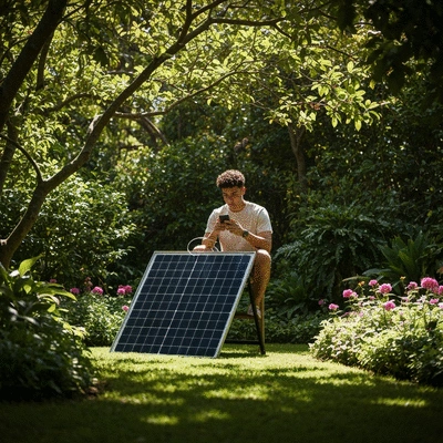 Person using a portable solar panel to charge their smartphone outdoors