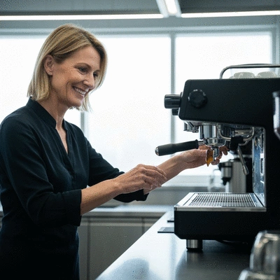 Expert barista testing an espresso machine, focusing on the quality of the coffee extraction and crema