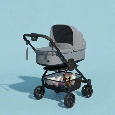 Baby stroller with a large, accessible storage basket underneath and a parent console