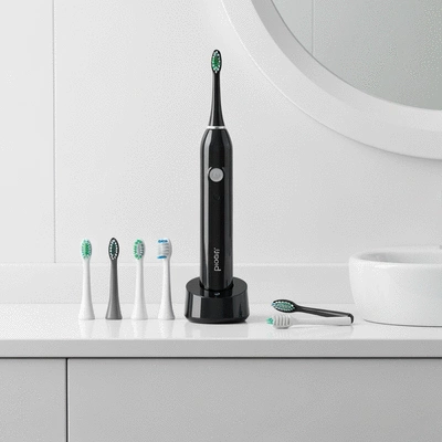 Modern electric toothbrush with various brush heads and charging base on a clean bathroom counter